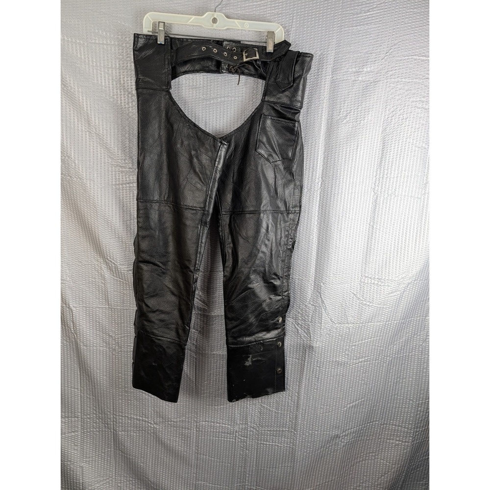 Diamond Plate Buffalo Leather Motorcycle Chaps Black XS Biker‎ Lace Up Belt